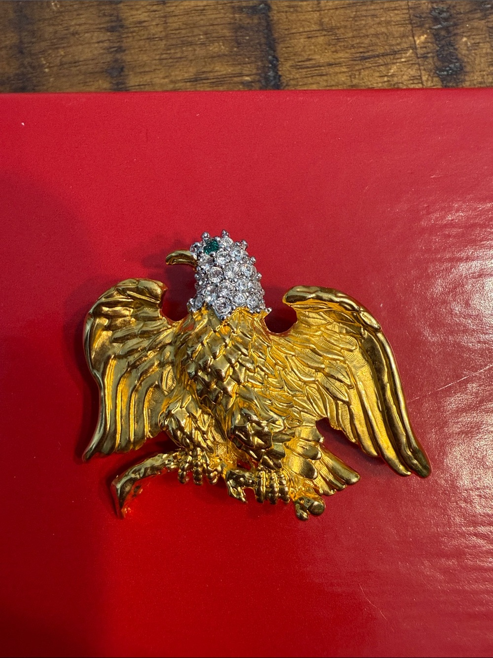 Gold Eagle Brooch with Crystal-Studded Head